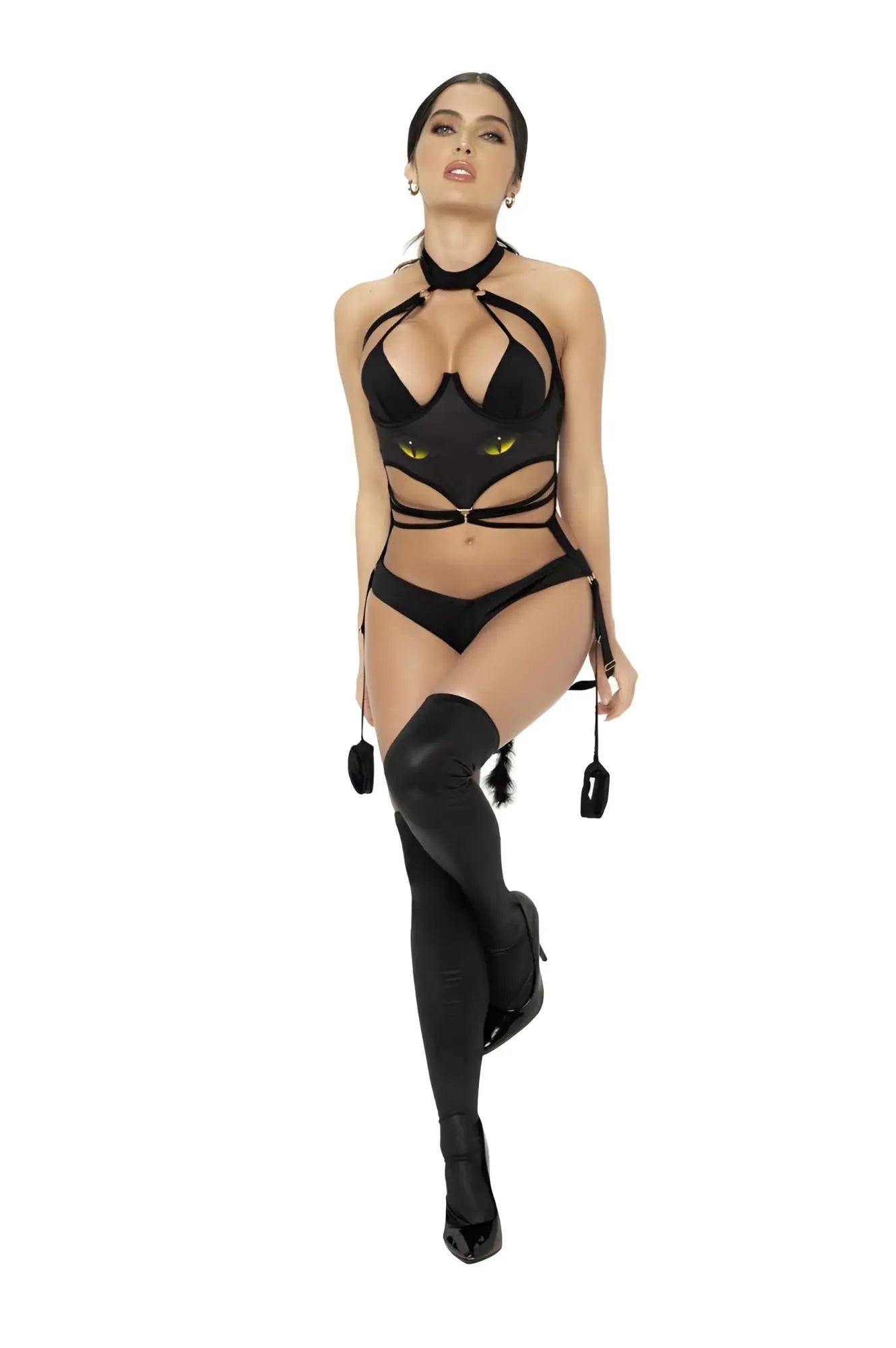 Black cat girl costume by mapale 6471 featuring black lace-up straps and glowing yellow eyes detail