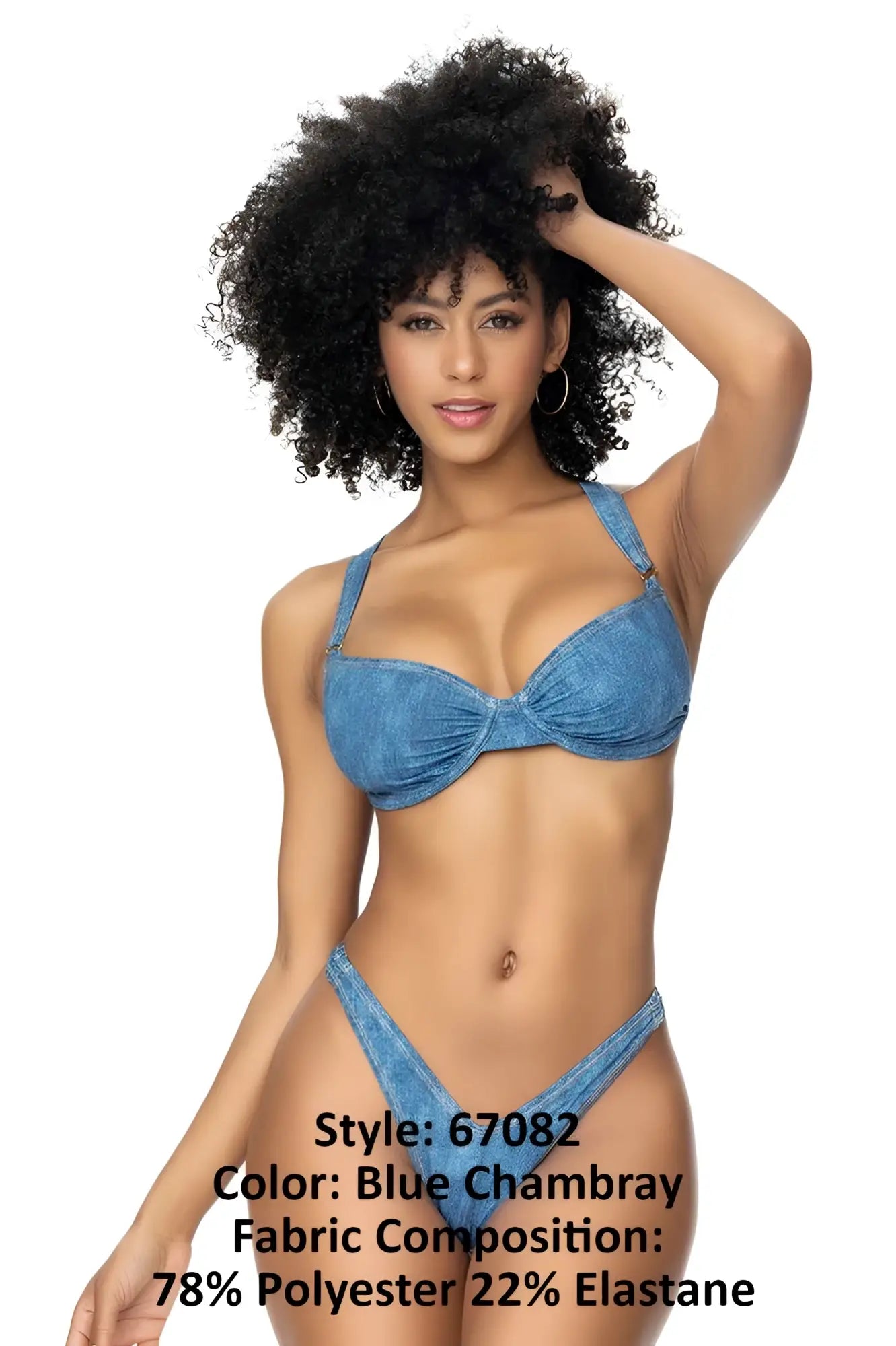 Blue chambray underwired two piece swimsuit by Mapale featuring a bow detail on bikini top and matching bottoms