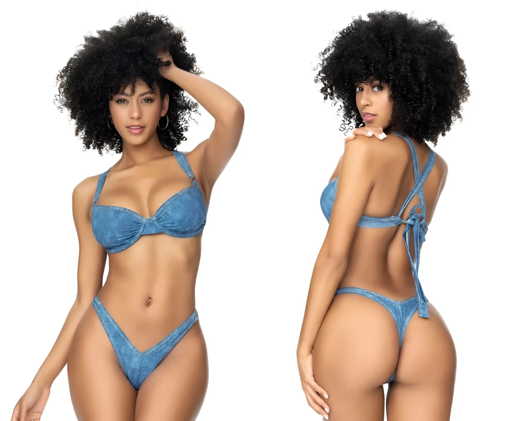 Blue chambray denim bikini set by mapale featuring an underwired bow front bra top and high-cut tied bottoms