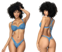 Blue chambray denim bikini set by mapale featuring an underwired bow front bra top and high-cut tied bottoms