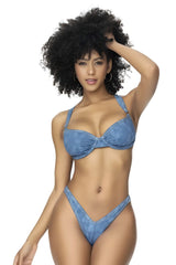 Blue chambray denim two-piece bikini set by Mapale featuring an underwired bra top with bow detail and high-cut bottoms