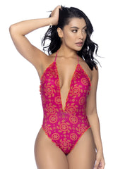 Mapale 67128 one piece swimsuit in vibrant fuchsia with intricate gold floral embroidery and scalloped lace trim