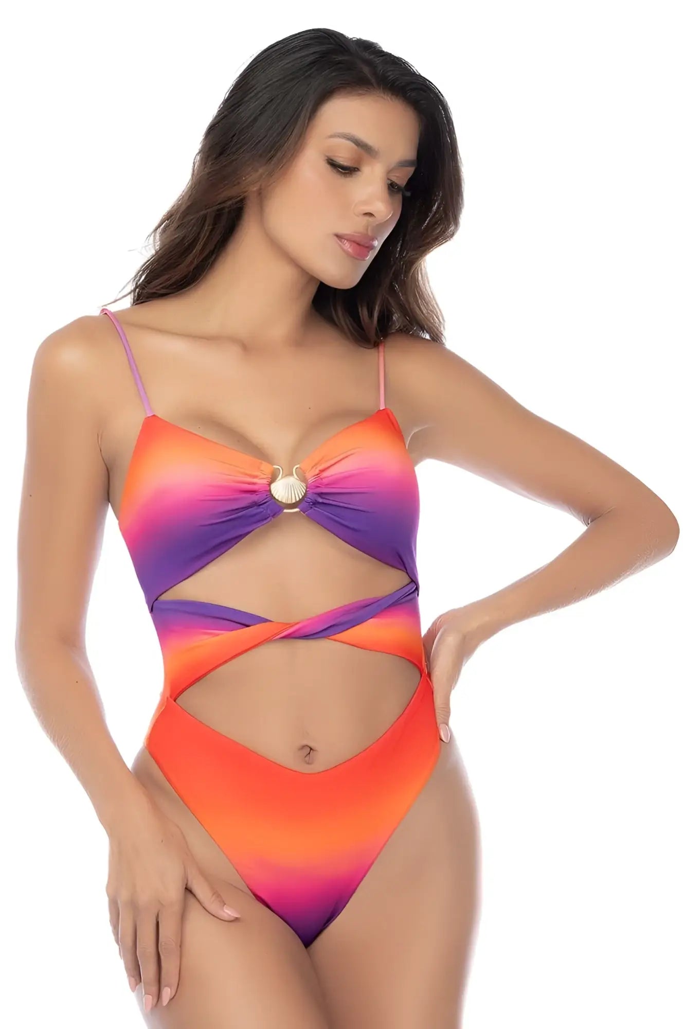 Mapale 67176 one piece swimsuit in rose dusk with vibrant orange to purple gradient and shell accent at bust