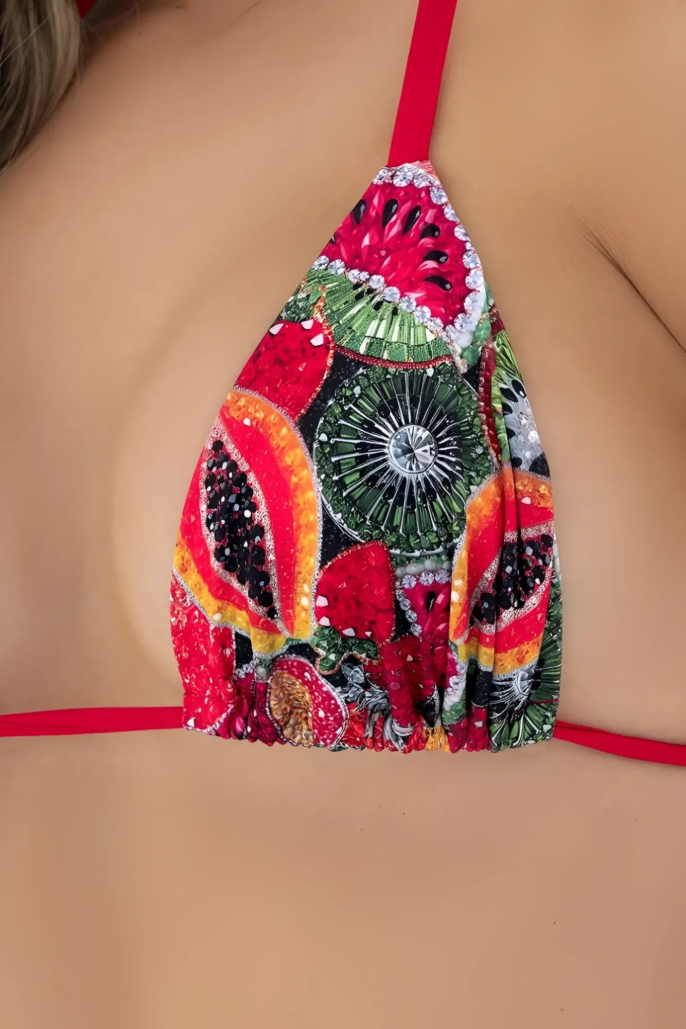 Mapale 67190 two piece swimsuit with a vibrant fruit themed triangle bikini top with red green orange and black sequins and beads
