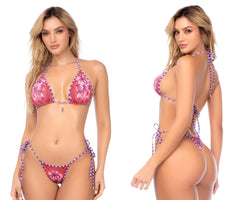 Mapale 67191 two piece swimsuit in pink and purple tropical print with matching tie side strings desert mirage color