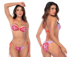 Mapale 67192 two piece swimsuit featuring a vibrant pink and lavender tropical print with coral ties