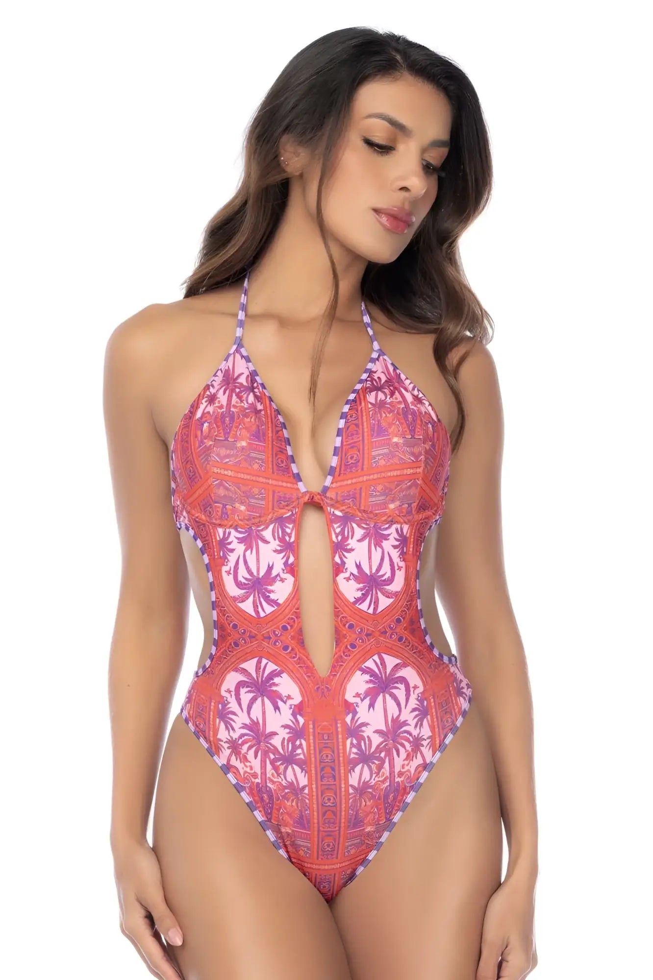Mapale 67193 one piece swimsuit in coral and purple palm tree pattern with halter neckline and keyhole cutout