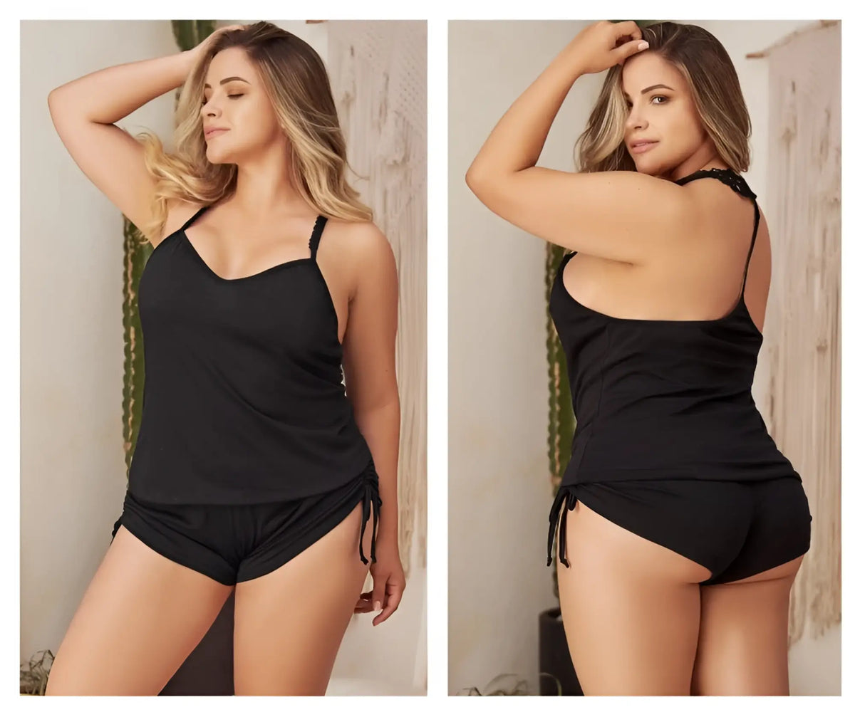 Black plus-size tank top and shorts set with lace trim details by Mapale 7095X two piece pajamas in black