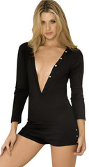 Black mapale 7223 long sleeve sleep romper with deep v-neckline and silver buttons down the front