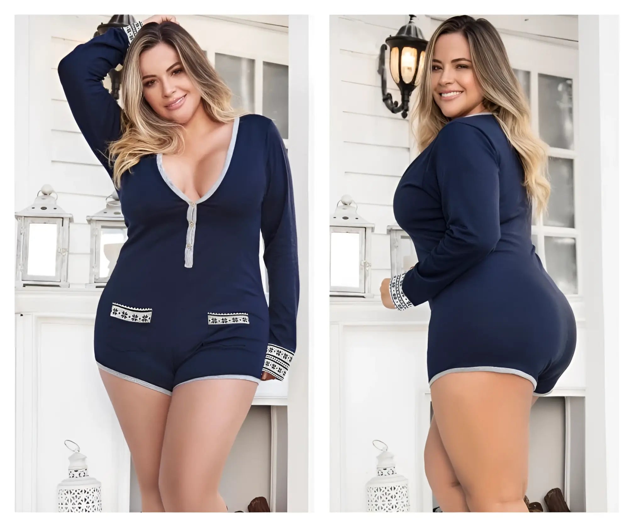 Mapale 7233X navy blue long sleeve pajama romper with gray trim and white patterned pockets for comfortable sleepwear