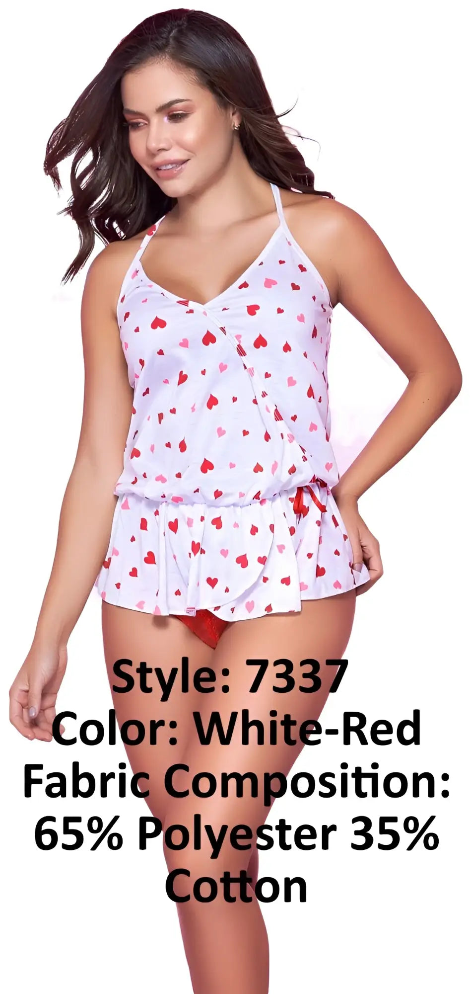 White and red heart-patterned two-piece swimsuit with ruffled hem from mapale 7337 set