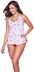 White tankini top with red heart patterns and ruffled hem from mapale 7337 top and cheeky bottoms pajama set