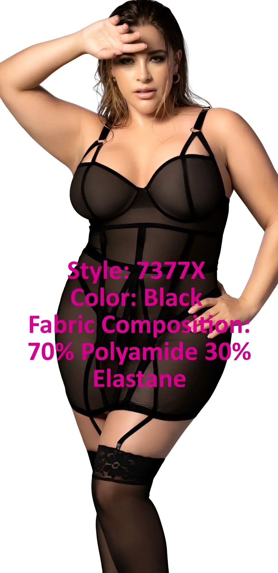 Black plus-size bodysuit with sheer mesh panels and lace-trimmed garter straps by Mapale model 7377X