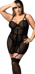 Black sheer Mapale 7377X babydoll bodysuit with lace trim and adjustable straps in black color