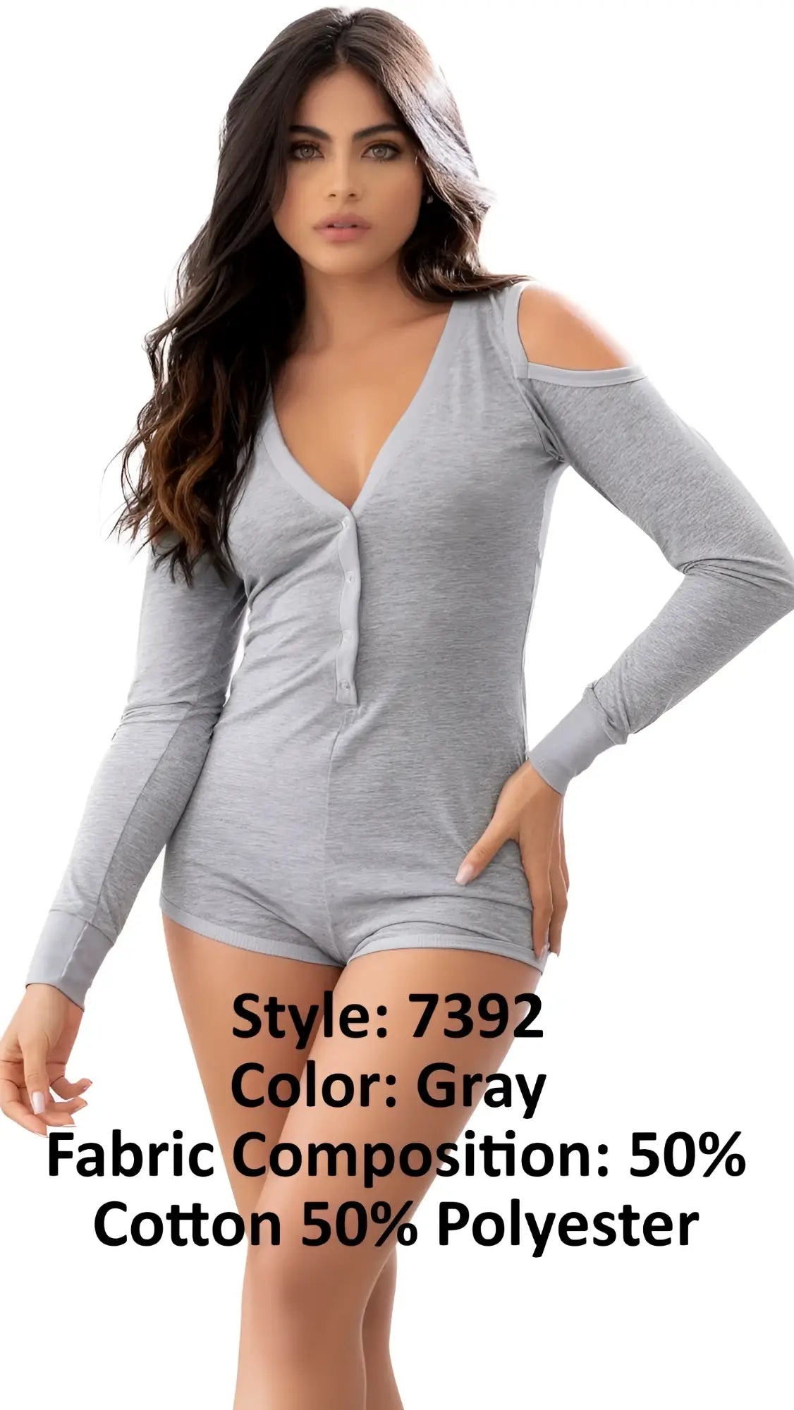 Gray long-sleeve one-piece romper with v-neck and cold-shoulder cut from mapale 7392 sleepwear collection