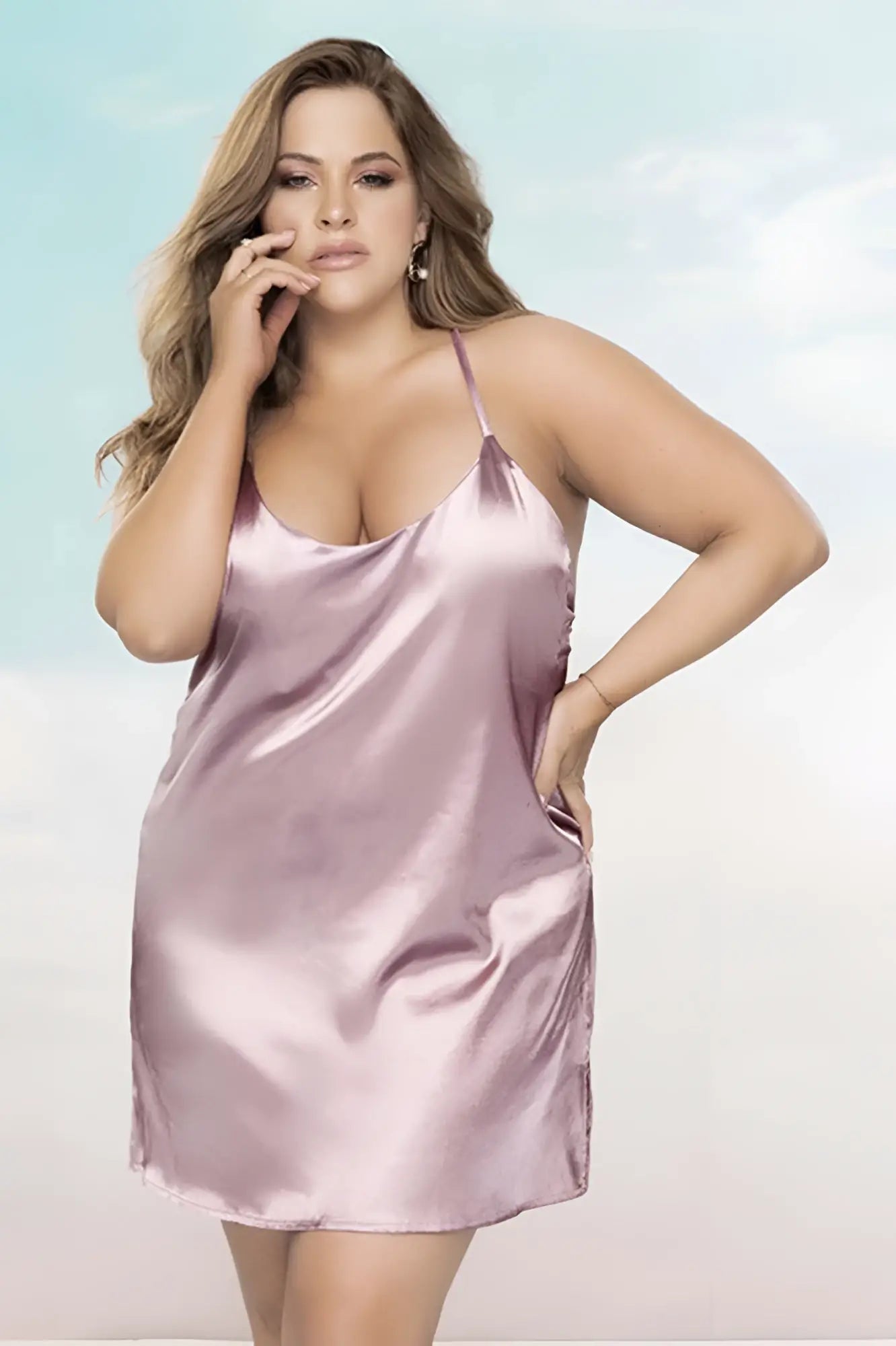 Mapale 7422X babydoll soft lavender satin slip dress with delicate spaghetti straps and flattering loose fit in rosewood color