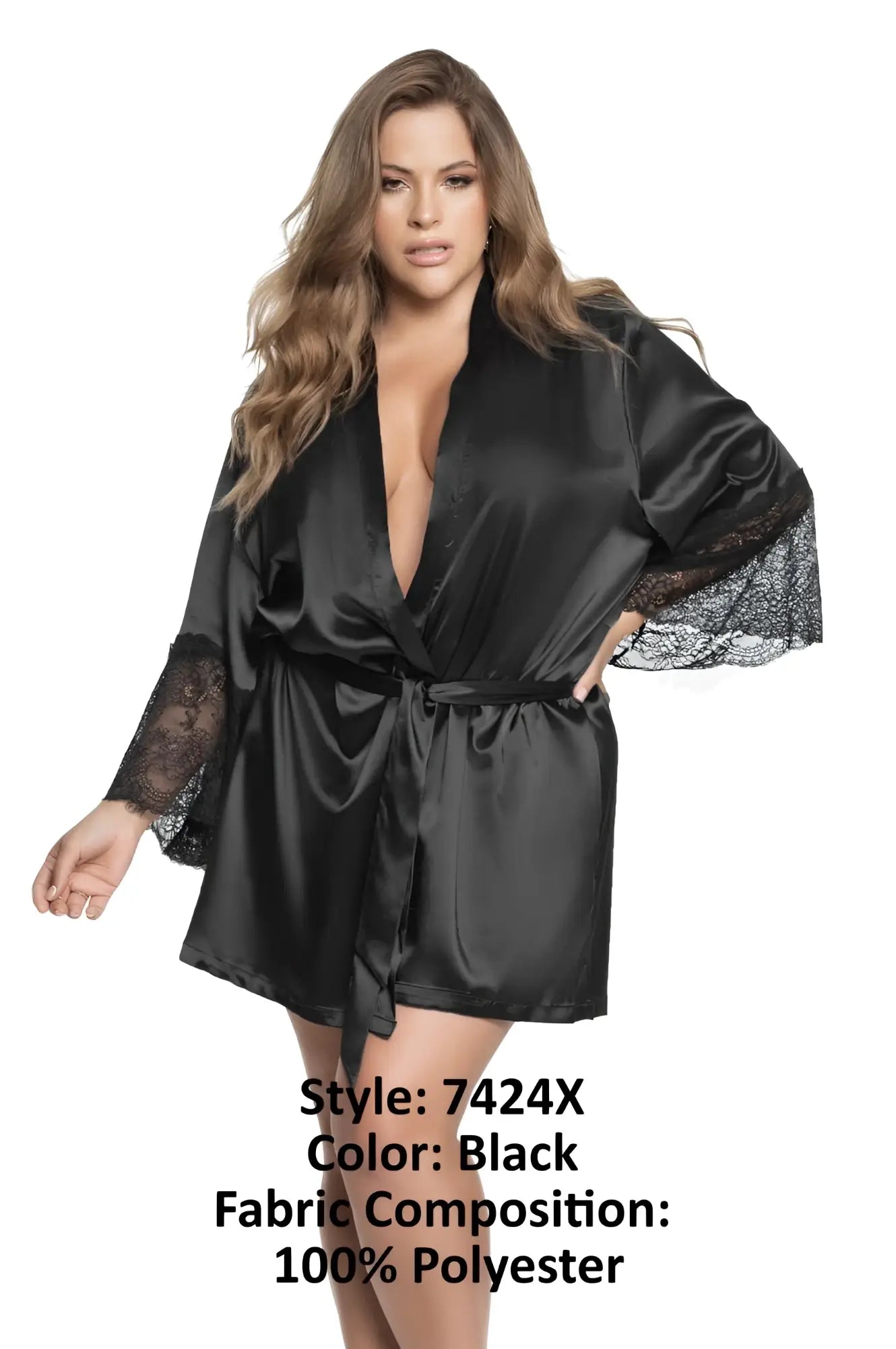 Black satin robe with lace trim on sleeves and hem by Mapale model 7424X in black shown from the front