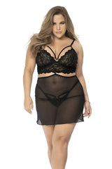 Black lace bra with intricate floral patterns and thin straps paired with matching sheer mesh skirt from mapale 7433x set