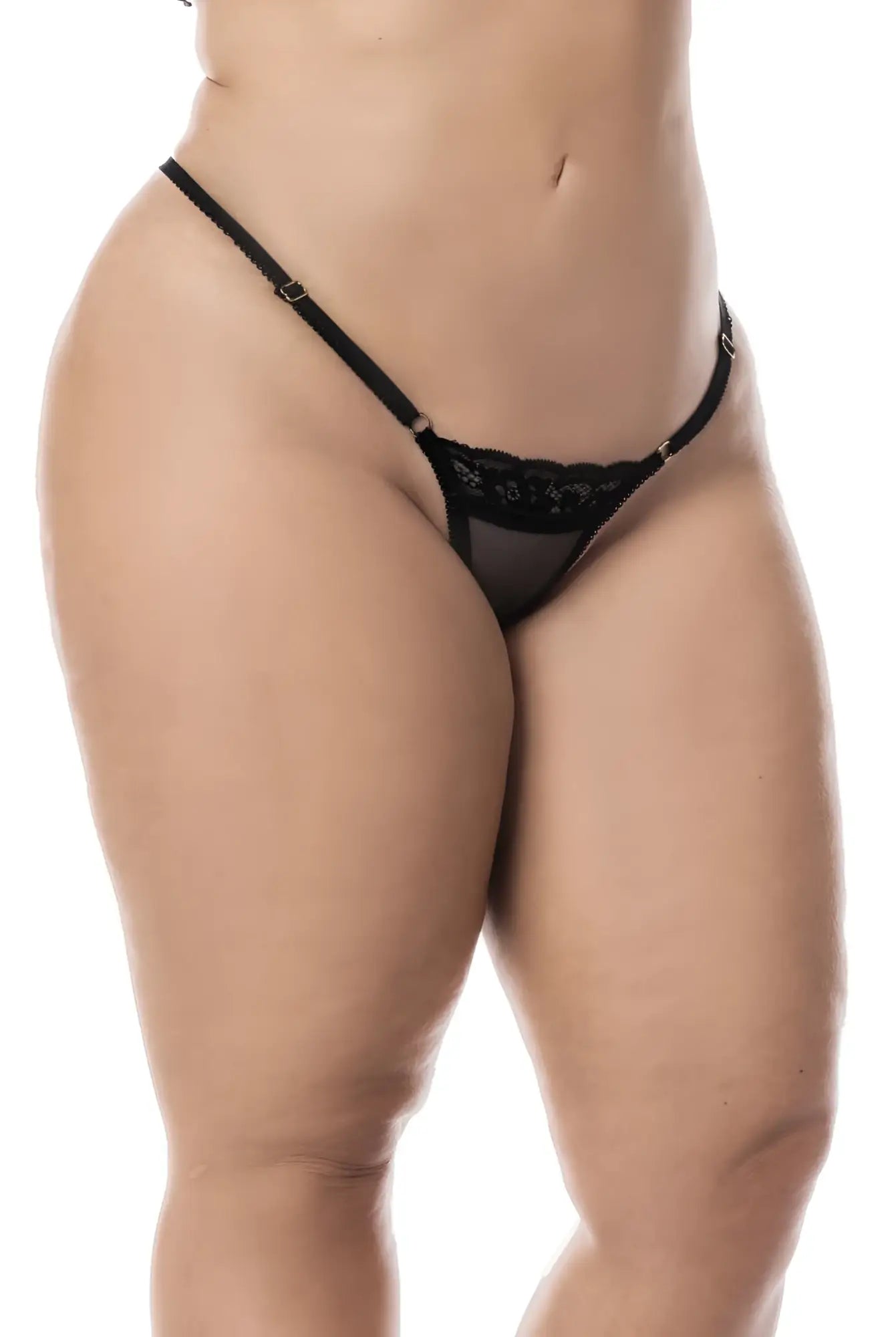 Black lace thong with delicate floral embroidery and thin adjustable straps from mapale 7487x babydoll set
