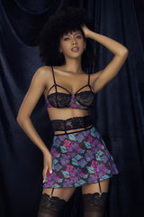Black lace bra with floral patterned cups and adjustable straps from mapale 7496 babydoll three piece set color dream flower print