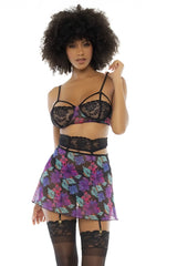 Black lace bra with floral patterned cups and adjustable straps from mapale 7496 babydoll dream flower print set