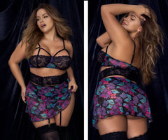 Black lace bra with floral patterned skirt and matching garter belt in mapale 7496x babydoll three piece set
