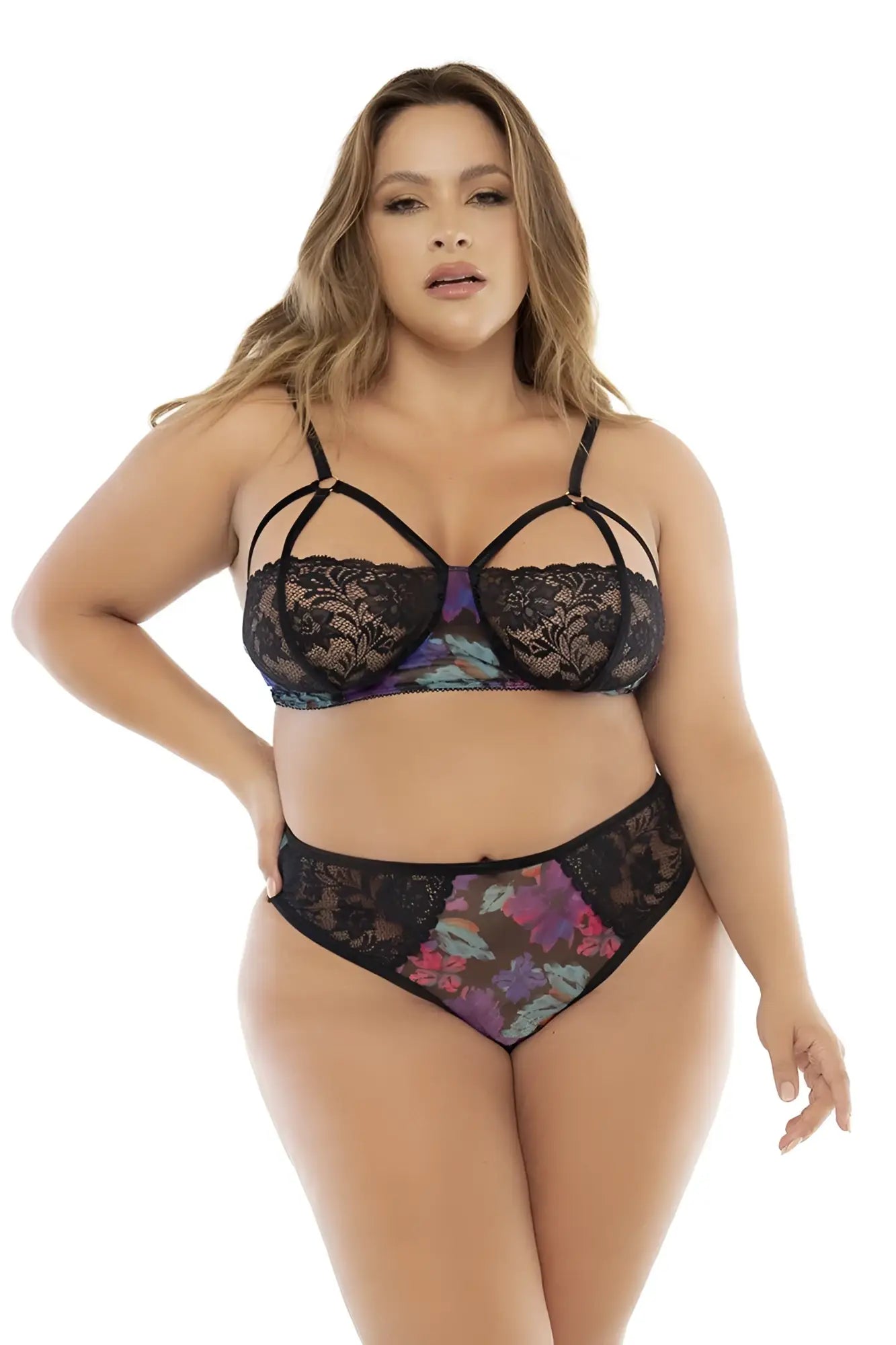 Black lace bra with floral pattern in purple and teal hues featuring delicate straps from Mapale 7496X babydoll set