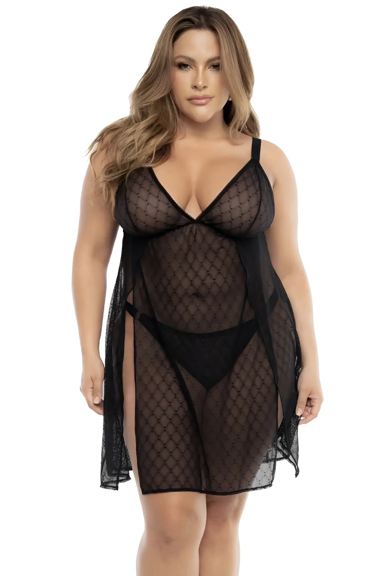 Mapale 7498X babydoll black sheer mesh nightgown with diamond-patterned design and thin straps front view
