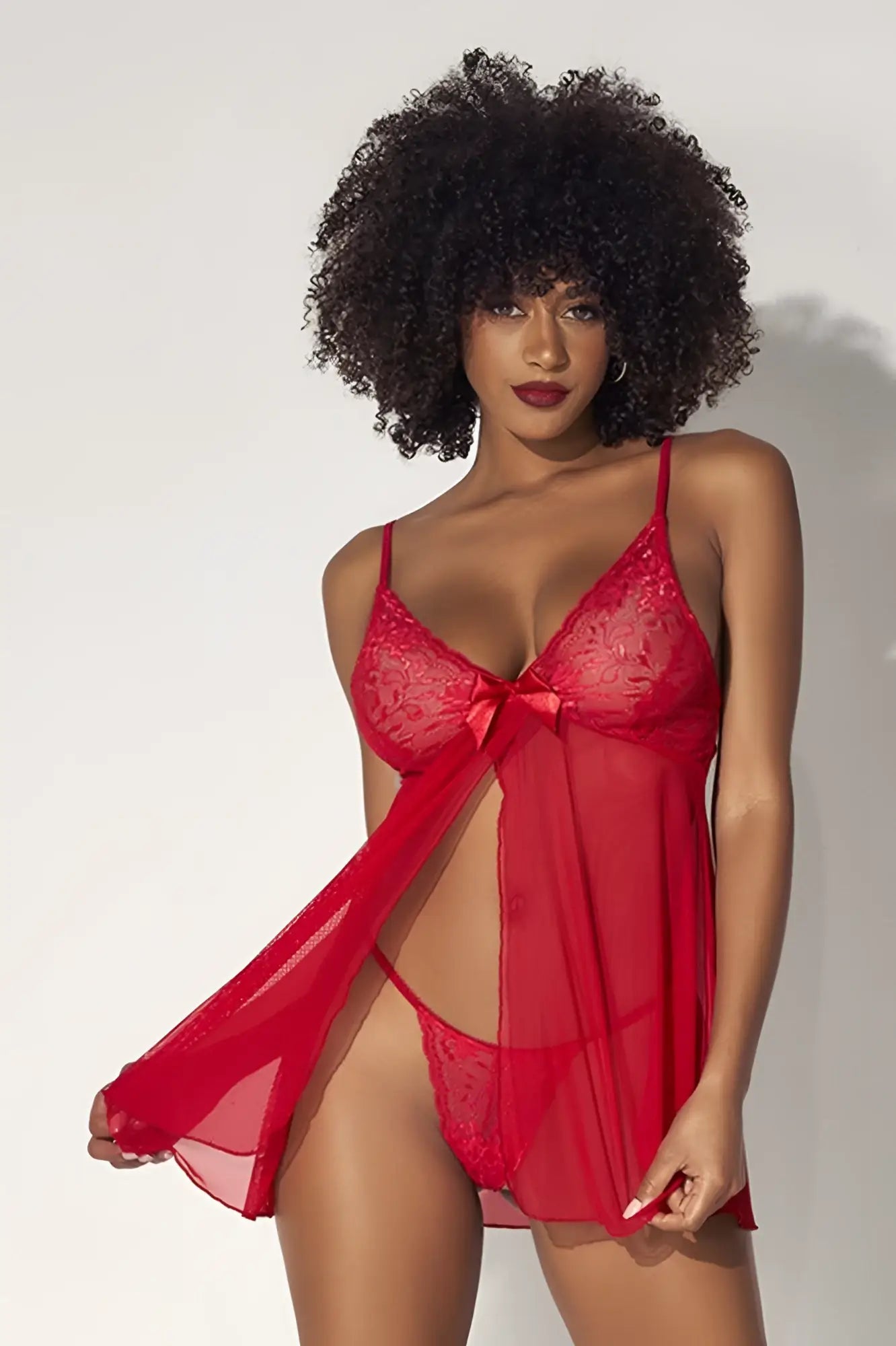 Red lace lingerie set mapale 7501 babydoll in red with sheer overlay and matching thong for intimate wear