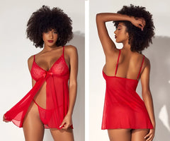 Red lace lingerie set with sheer overlay and matching thong by mapale in vibrant red for intimate wear