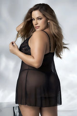 Black lace and sheer mesh nightgown with thin straps from mapale 7501x babydoll in black