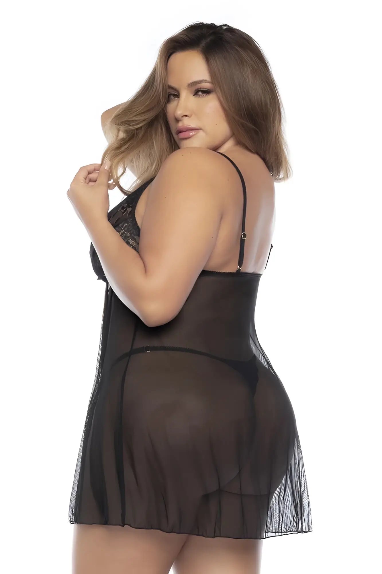 Black sheer mesh nightgown with lace bodice and thin spaghetti straps by Mapale 7501X babydoll color black