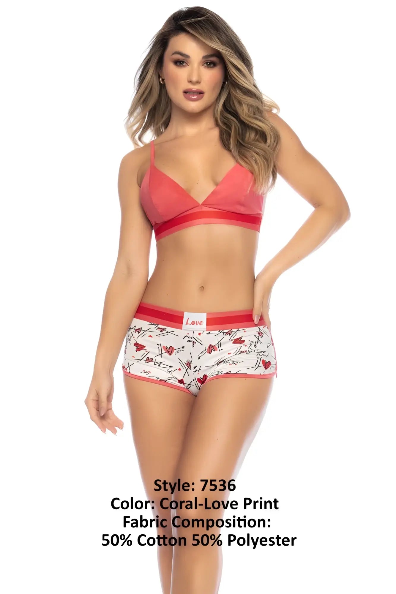 Coral-colored mapale 7536 two piece pajama set with white heart print made of 50 cotton and 50 polyester