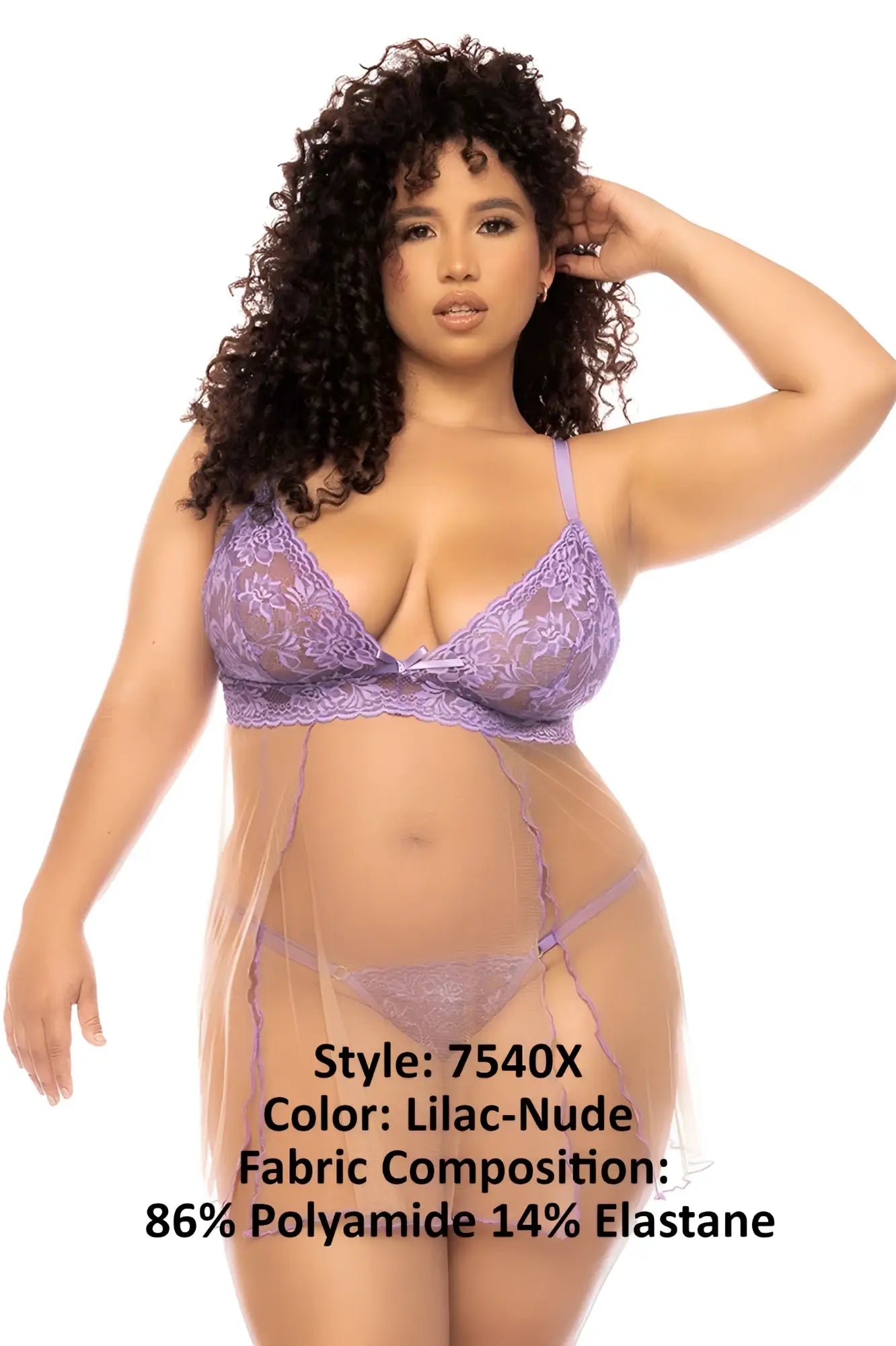 Mapale 7540x verona babydoll plus lilac-nude lace lingerie set with delicate floral embroidery and sheer mesh overlay