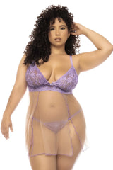 Purple lace Mapale 7540X Verona babydoll plus set with sheer mesh overlay and matching thong in lilac-nude