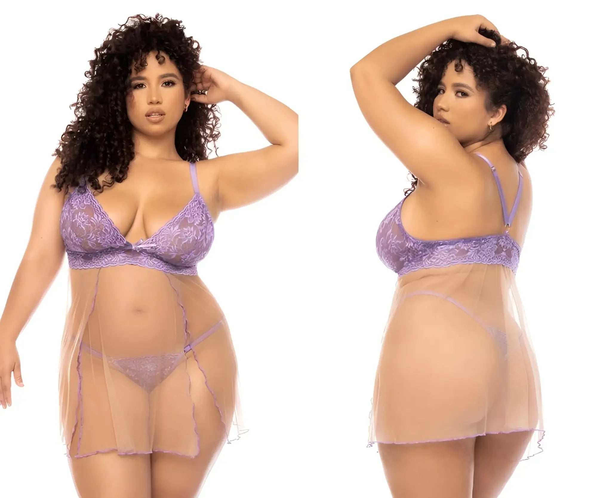 Mapale 7540x verona babydoll plus lilac-nude purple lace lingerie set with sheer mesh overlay