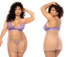 Mapale 7540x verona babydoll plus lilac-nude purple lace lingerie set with sheer mesh overlay