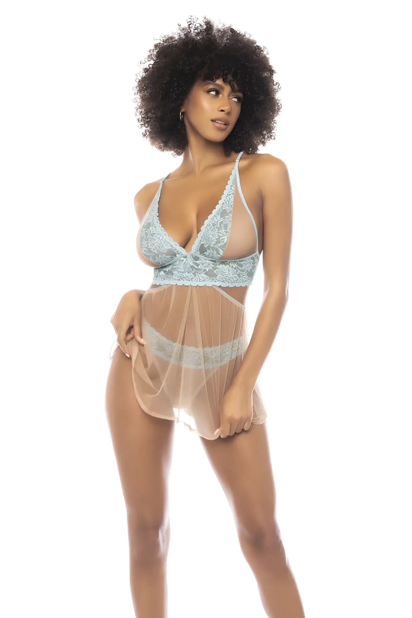 Mapale 7541 abilene light blue-nude 2 in 1 babydoll lingerie set with delicate lace and sheer mesh fabric and waistband