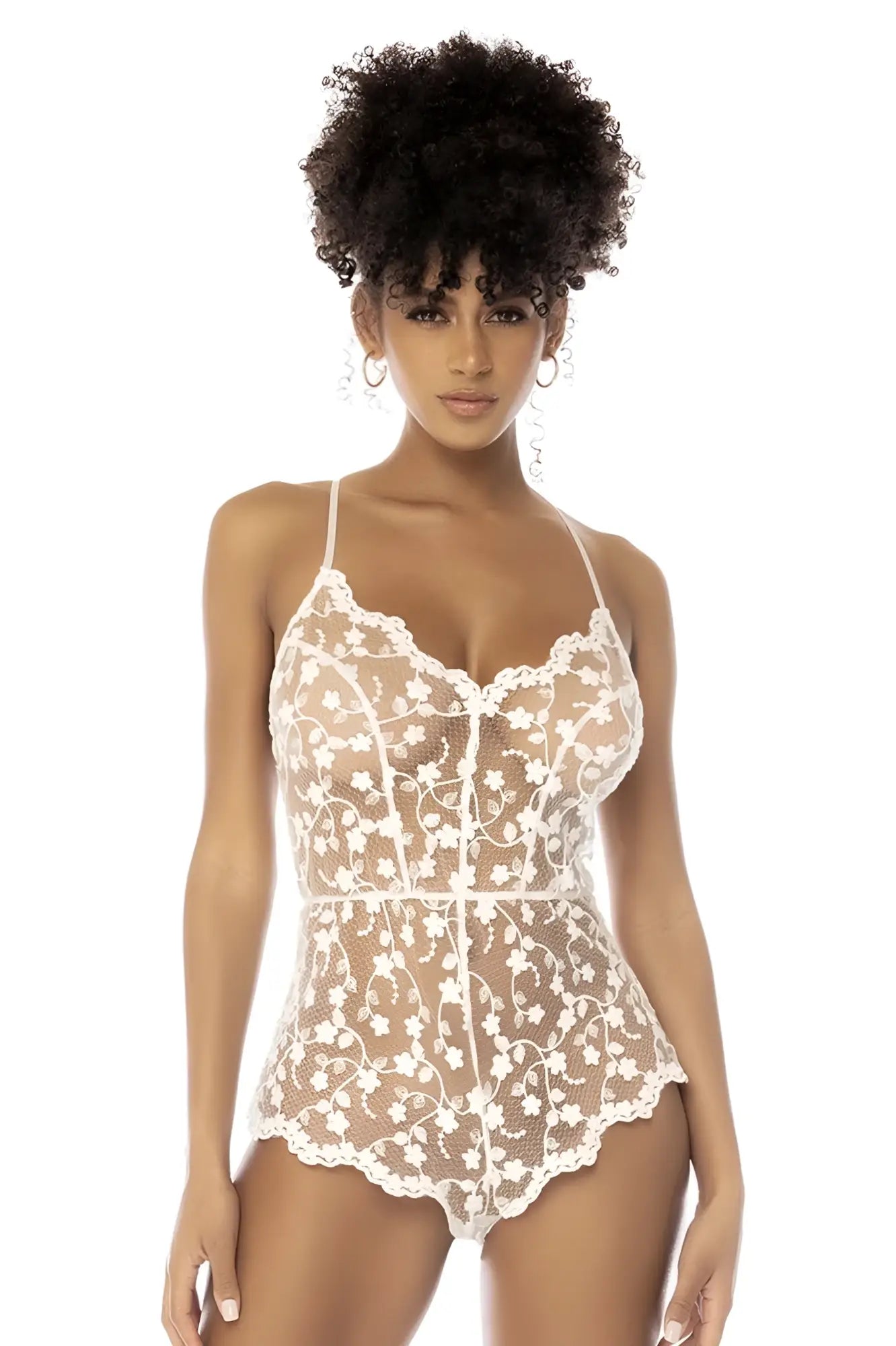 White floral lace bodysuit with scalloped edges and thin spaghetti straps from mapale 7543 celina romper star white