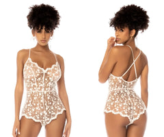 White floral lace bodysuit with delicate cross-back straps and scalloped hemline by Mapale 7543 Celina Romper