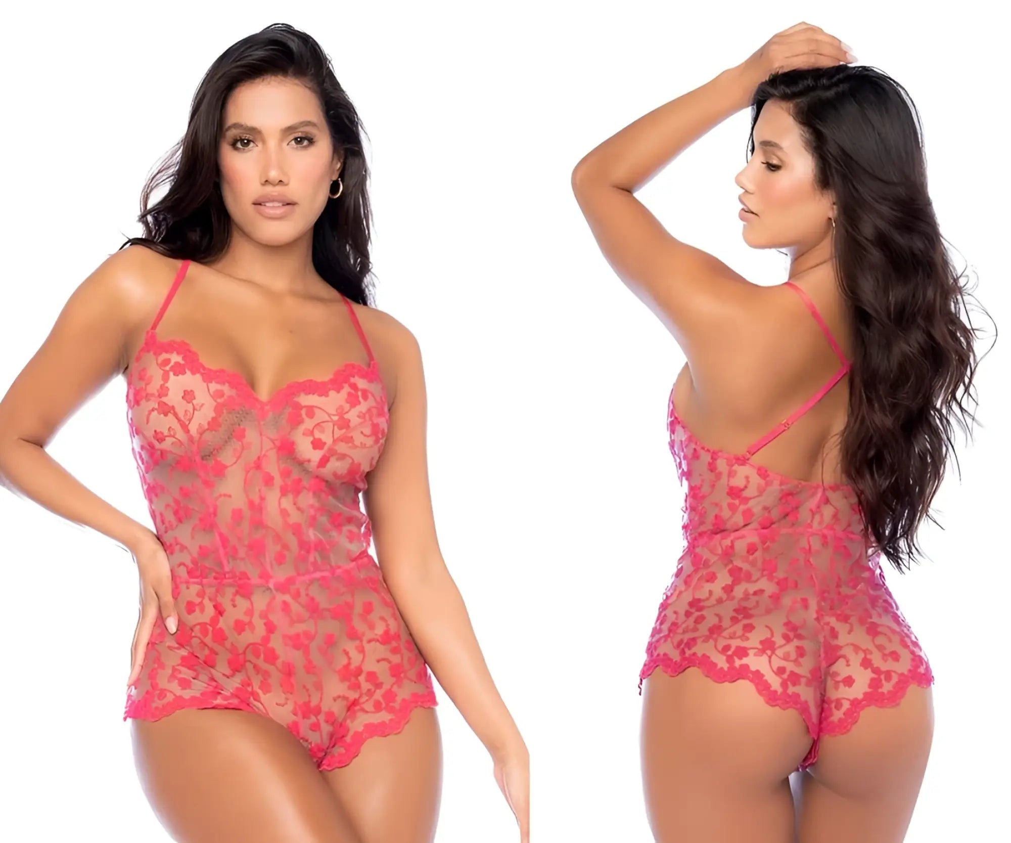 A vibrant pink lace bodysuit with delicate floral patterns and thin spaghetti straps from mapale 7543 romper-babydoll cherry color