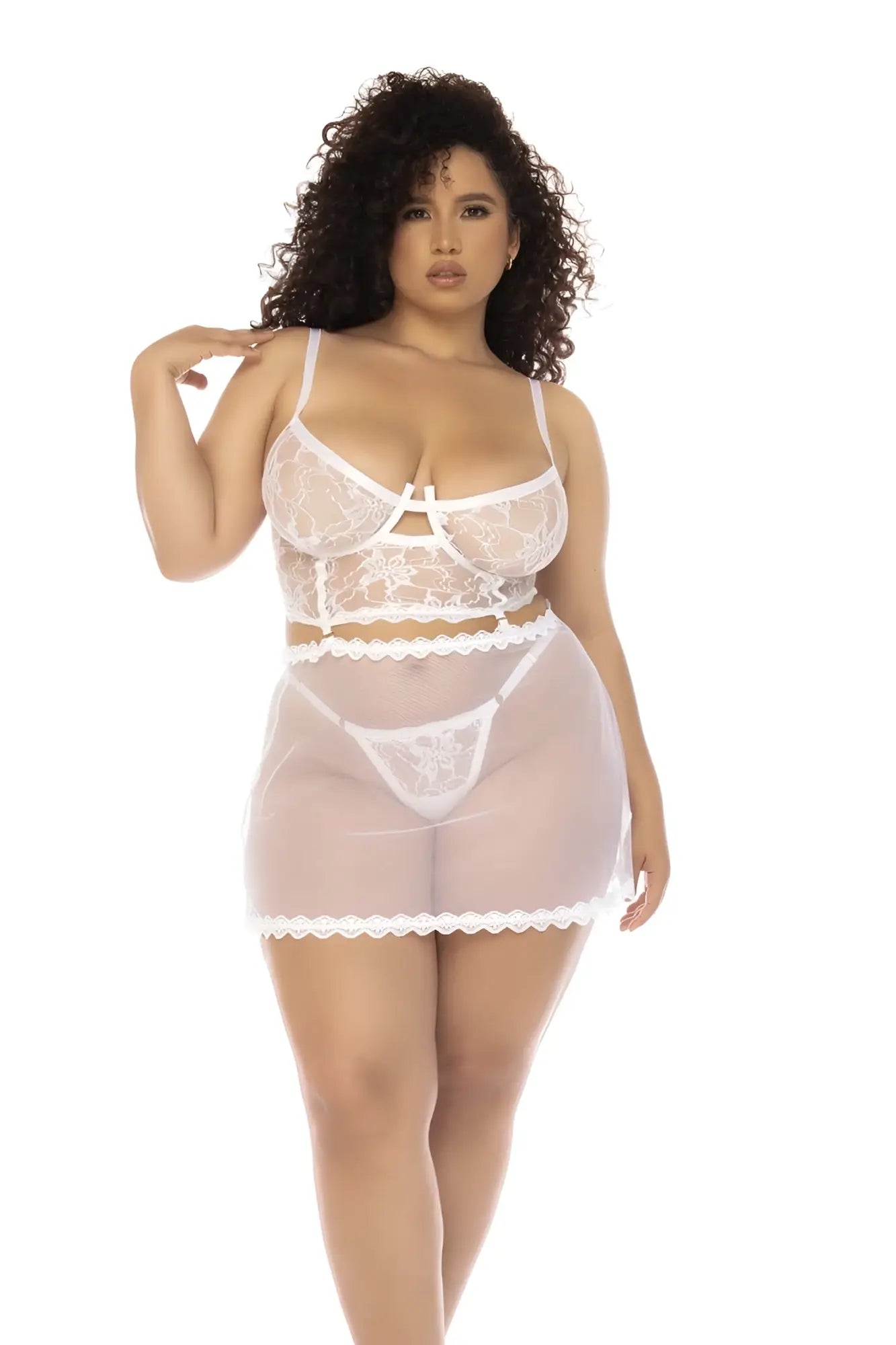 White lace lingerie set with sheer mesh overlay and scalloped hemline by mapale 7544x hope 2 in 1 babydoll white