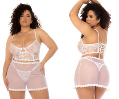 White lace lingerie set with sheer mesh shorts and a floral corset top mapale 7544X hope 2 in 1 babydoll white