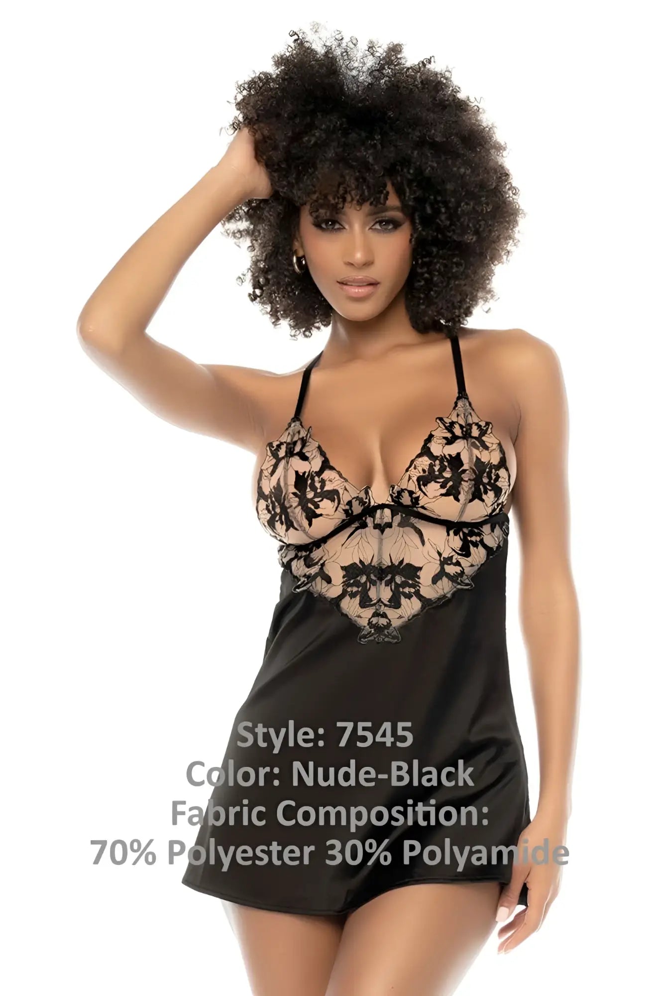 Mapale 7545 laurel babydoll nude black lace and satin nightgown with floral embroidery in front view