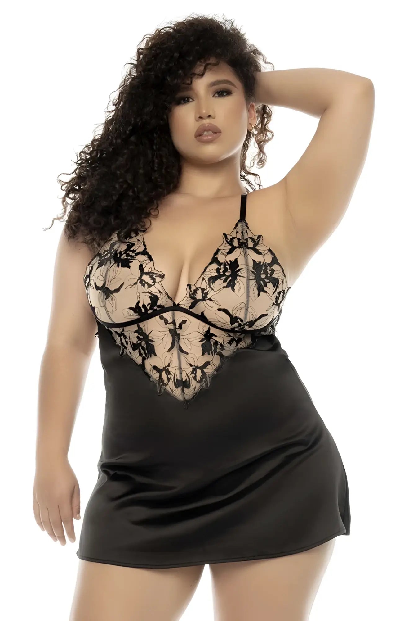 Mapale 7545X Laurel babydoll plus in nude-black satin and black lace with floral embroidery nightgown front view
