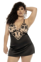 Mapale 7545X Laurel babydoll plus in nude-black satin and black lace with floral embroidery nightgown front view