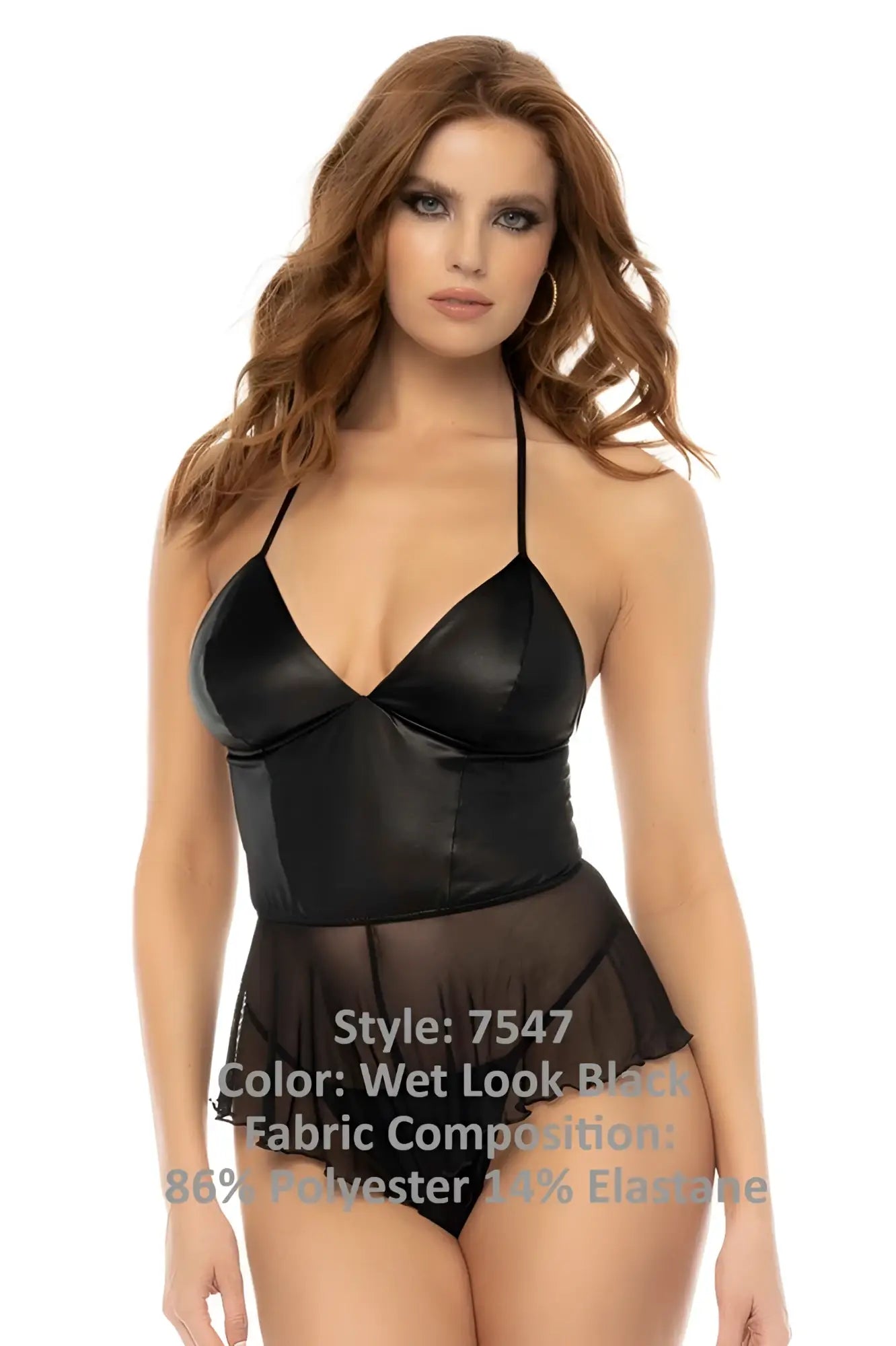Black wet-look halter top with sheer mesh skirt overlay in Mapale 7547 pearl babydoll color wet look black