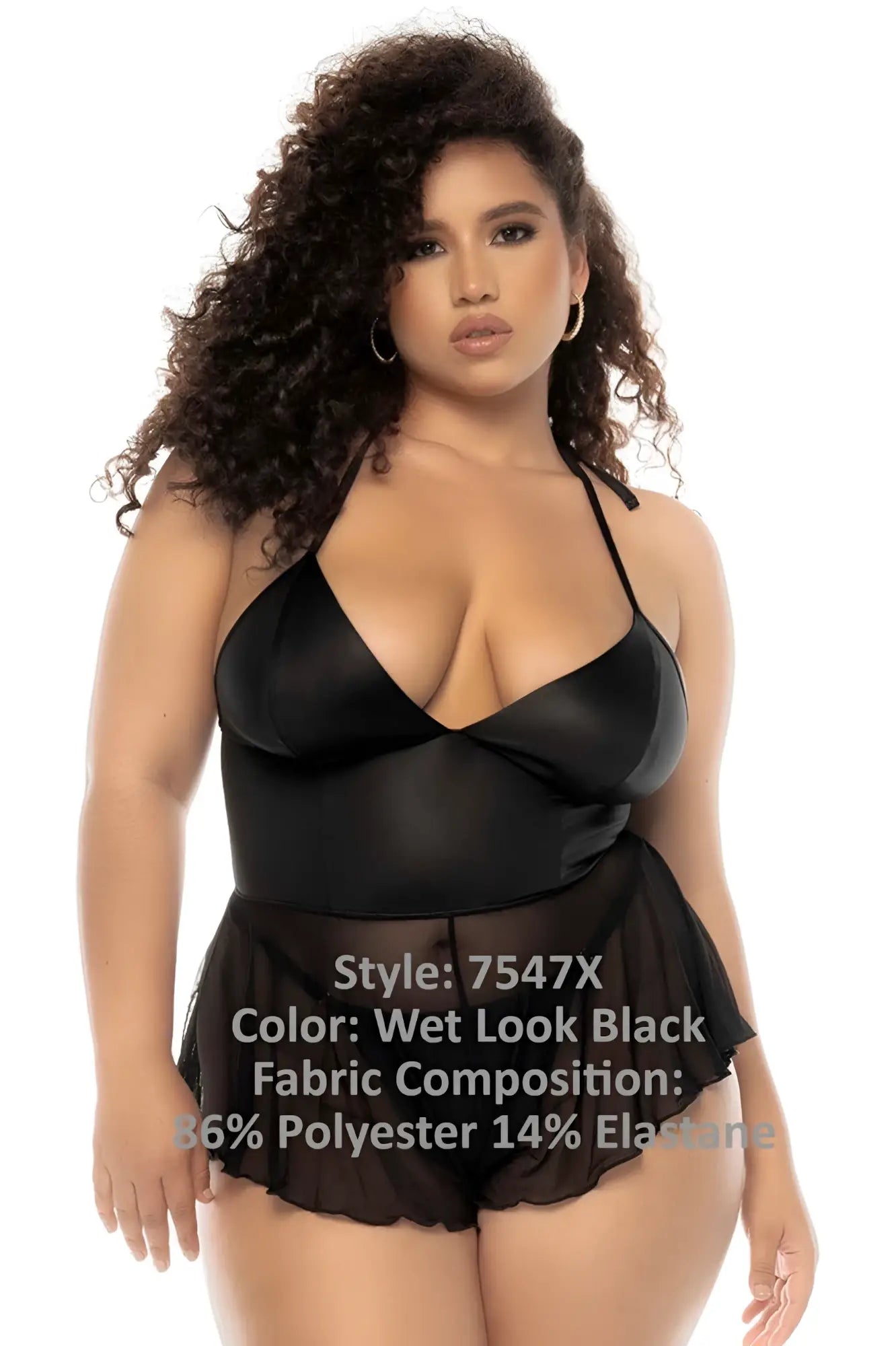 Black Mapale 7547X Pearl Babydoll plus color wet look one-piece swimsuit with sheer ruffled skirt and halter neckline