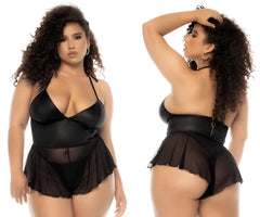 Black satin bodysuit with sheer ruffled skirt and back zipper detail shown from the back by Mapale 7547X Pearl Babydoll Plus