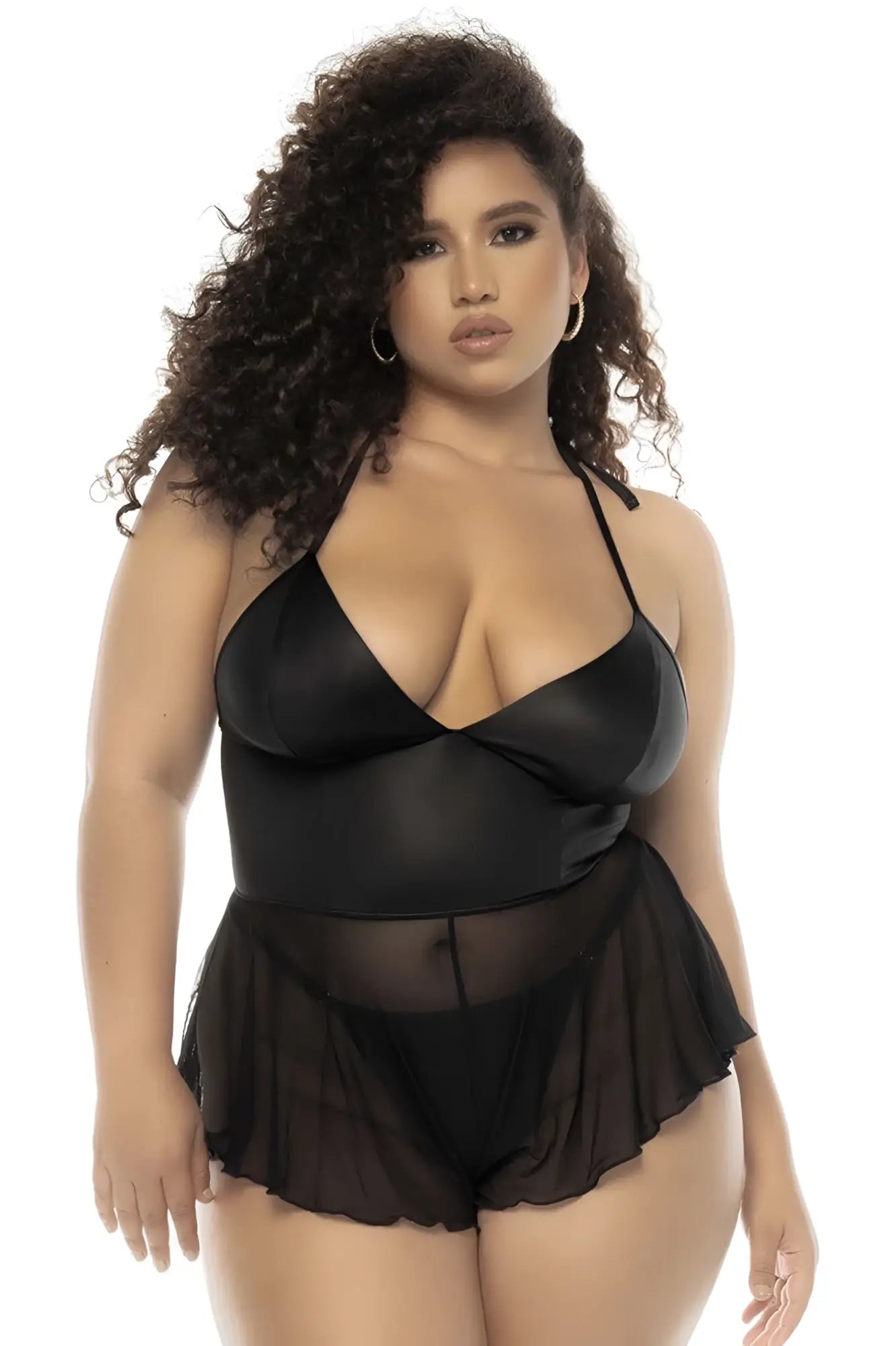 Black satin halter top babydoll with sheer mesh overlay and ruffled skirt detail by Mapale 7547X Pearl in wet look black